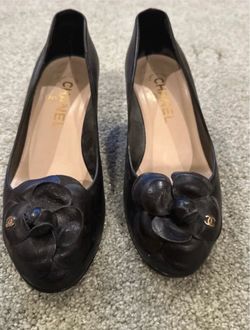 CHANEL Black Leather Camellia Kitten Heels with Gold CC Accents