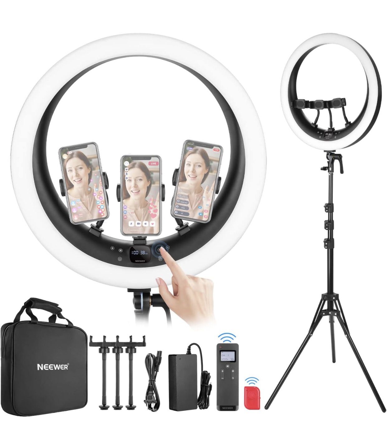 NEW! NEEWER Ring Light RP19H 19 inch with Stand and 3 Phone Holders, Upgraded 2.4G and Touch Control