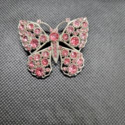 Silver With Pink Ribbon Butterfly Brooch 