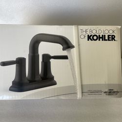 Kohler Ealing Matte Black 2-Handle 4-in centerset WaterSense Mid-arc Bathroom Sink Faucet with Drain K-R33043-4D-BL