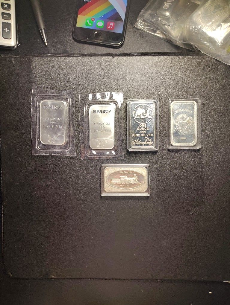 5 1oz Silver Bars Vintage New All .999