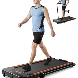 UREVO 2 in 1 Under Desk Treadmill, 2.5HP Folding Electric Treadmill Walking Jogging Machine for Home Office Remote Control Orange