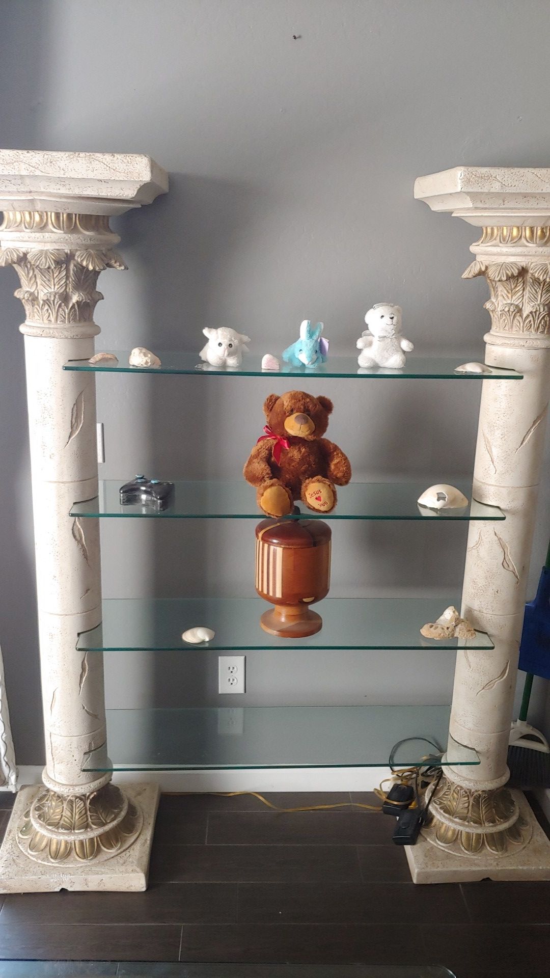 Glass table and chairs and glass shelves