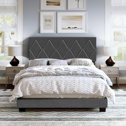 Upholstered Linen Platform Bed, Twin, Black 