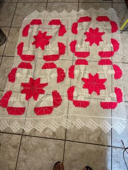 Vintage Handmade Filet Crochet Blanket Throw 53"x64" Pink White Star Mushroom Afghan-$85 CASH