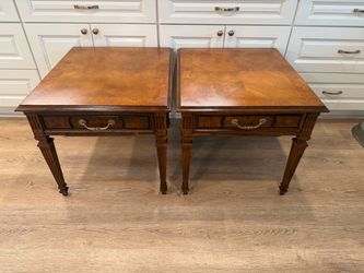 Pair of Heritage Walnut End Tables with Brass Hardware