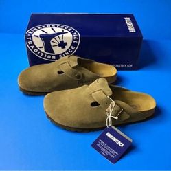 Birkenstock Boston taupe suede mule clogs