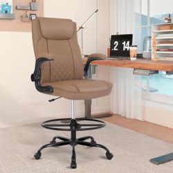 Drafting Chair, Tall Office Chair for Standing Desk, Standing Chair with Adjustable Height and Flip-up Armrest, Leather Drafting Chair, High Office Ch