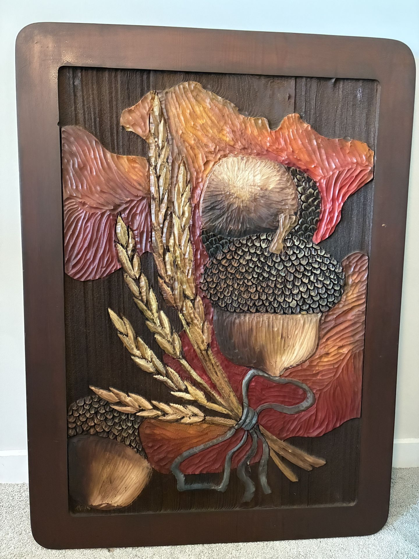 Vintage Hand-Carved Wood Relief Wall Art – Acorns & Wheat $200 obo