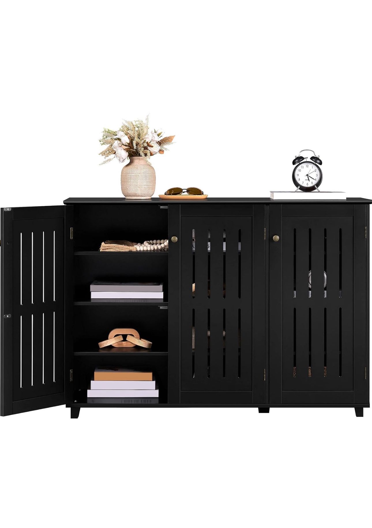 Yaheetech Shoe Storage Cabinet Floor Storage Organizer Wooden Cabinet with 3 Doors Adjustable Shelf for Entryway Living Room Home Office Black