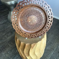 Carved Wood Decorative Plate With Brass Inlays