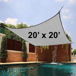 (NEW) $65 Square 20x20’ XXL Sun Shade Sail Outdoor Top Cover 95% UV Block 185GSM, Include Ropes