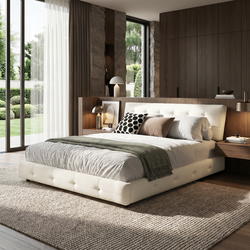Pori Queen Size Chenille Bed with Tufted Headboard and Ultra-Soft Cloud Pillows