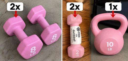 Weights: PINK - 8lb and 2lb Dumbbells, qty 1 - 10lb Kettle Bell, etc