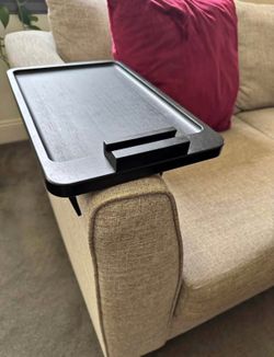 Couch Armrest Clip-on Tray Table - Foldable w/ 360° Rotating Phone/iPad Holder - Bamboo - Black