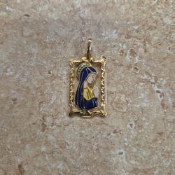 18k Yellow Gold and Blue Enamel Virgin Mary Pendant