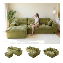 Olive/Celery Green Boneless Corduroy Couch With Ottoman 