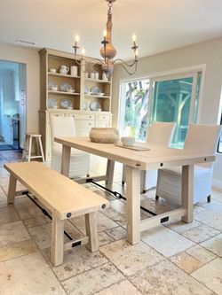 POTTERY BARN BENCHWRIGHT TABLE AND BENCH ( white chairs are not for sale ) .