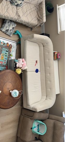 87"L x 30"H x 35"D. Beige Fabric Tufted Sofa Sleeper Couch