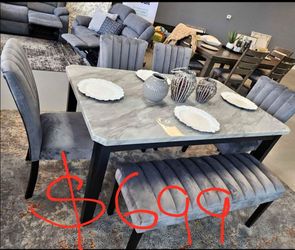 6pc marble top dining table set with chairs and bench