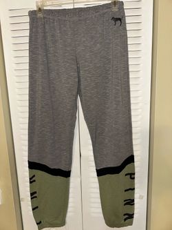 VS PINK Heather Grey & Olive Green Colorblock Logo Sweatpants, Size XS