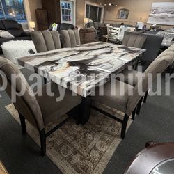7pc Dining Set Faux Marble Table and 6 Chairs – $950
