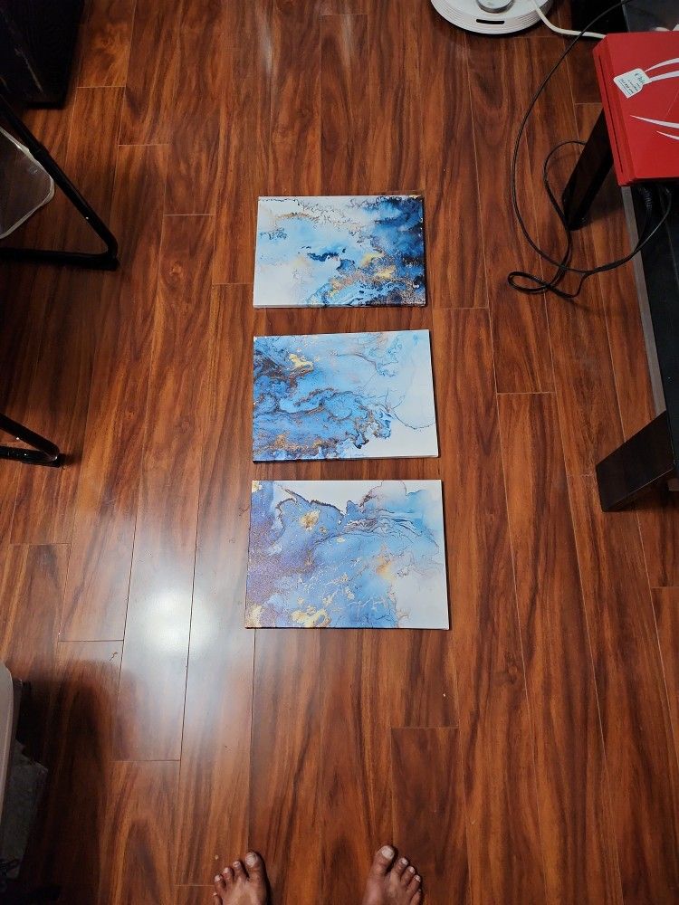 3 Piece Canvas Art Multicolor  Blues White Gold