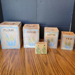 Vintage MCM Wheat Wooden Nesting Kitchen Canisters Dovetail With S&P Shakers