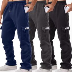 3 Pack Cargo Sweatpants for Men Relaxed Fit Mens Joggers with Pockets,Fleece Hiking Tactical Workout Pants Casual