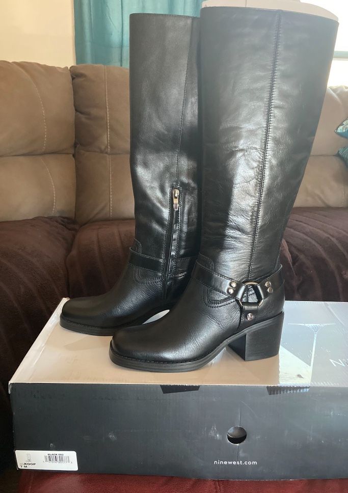 New! Women's Koop Square Toe Block Heel Knee-High Moto Boots By Nine West Size 7