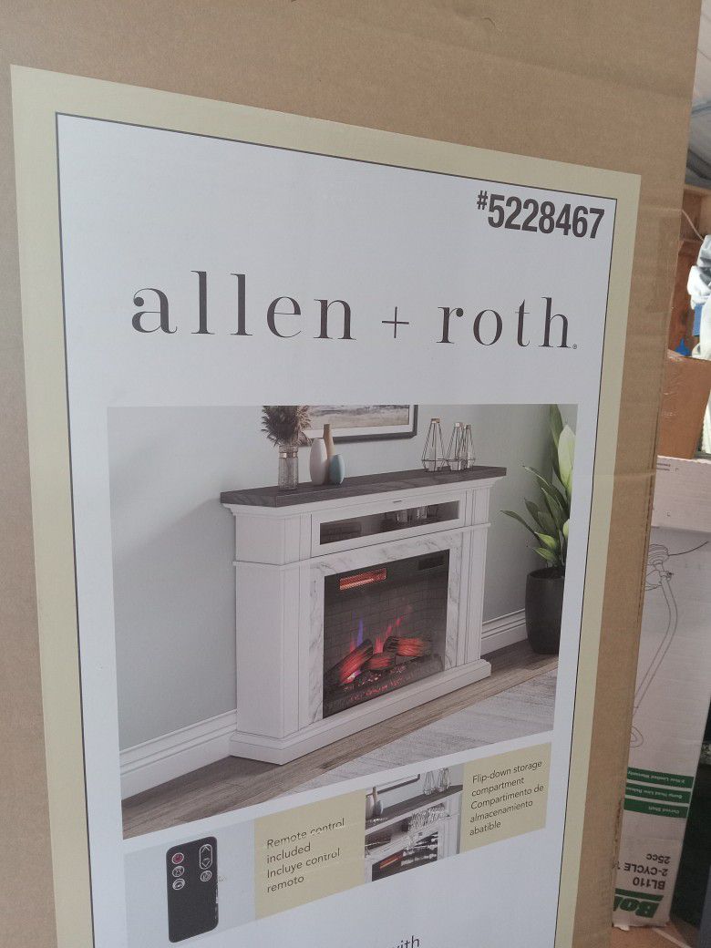 NEW Allen Roth 51" Electric Fireplace White Faux Marble Finish w/Gray Oak Finish Top
