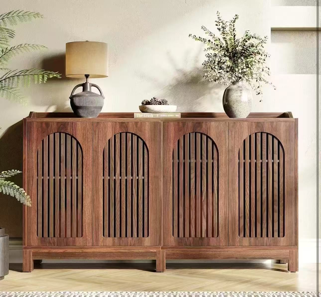 JW0983 New in box 57-Inch Sideboard Cabinet with Adjustable Shelf, Vintage Brown Wooden Buffet with Fence Doors, 2-Tier Large Accent Table for Living