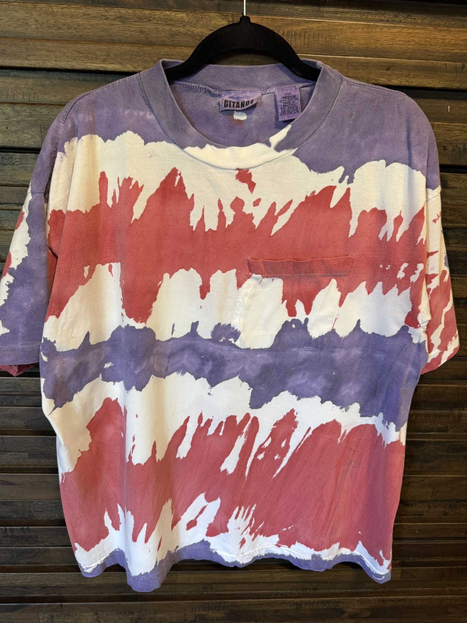Vintage Gitano Pocket Tie Dye Print T Shirt MED 90s Hippie Purple Red Y2K