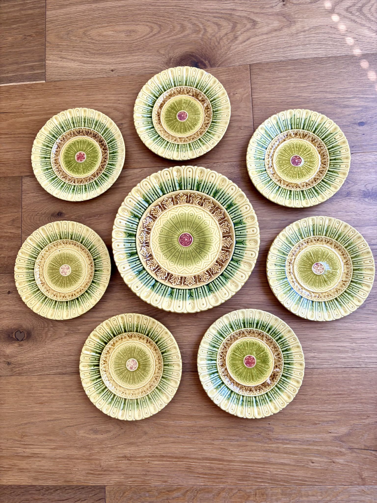 Antique Plates - c. 1900 German Art Nouveau “Black Forest Majolica” - Set of 8