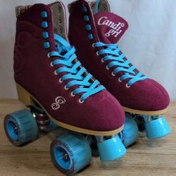 Candi Girl Quad Roller Skates Pink Suede Boot Light Blue Laces Size Women's US 8