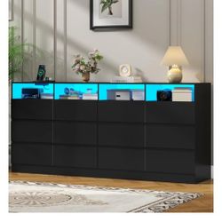 Drawers Black Dresser with Charging Station & Led Lights for Bedroom, Long 63" Wide Dresser TV Stand for TVs up to 75", Large Dressers Organizer with 