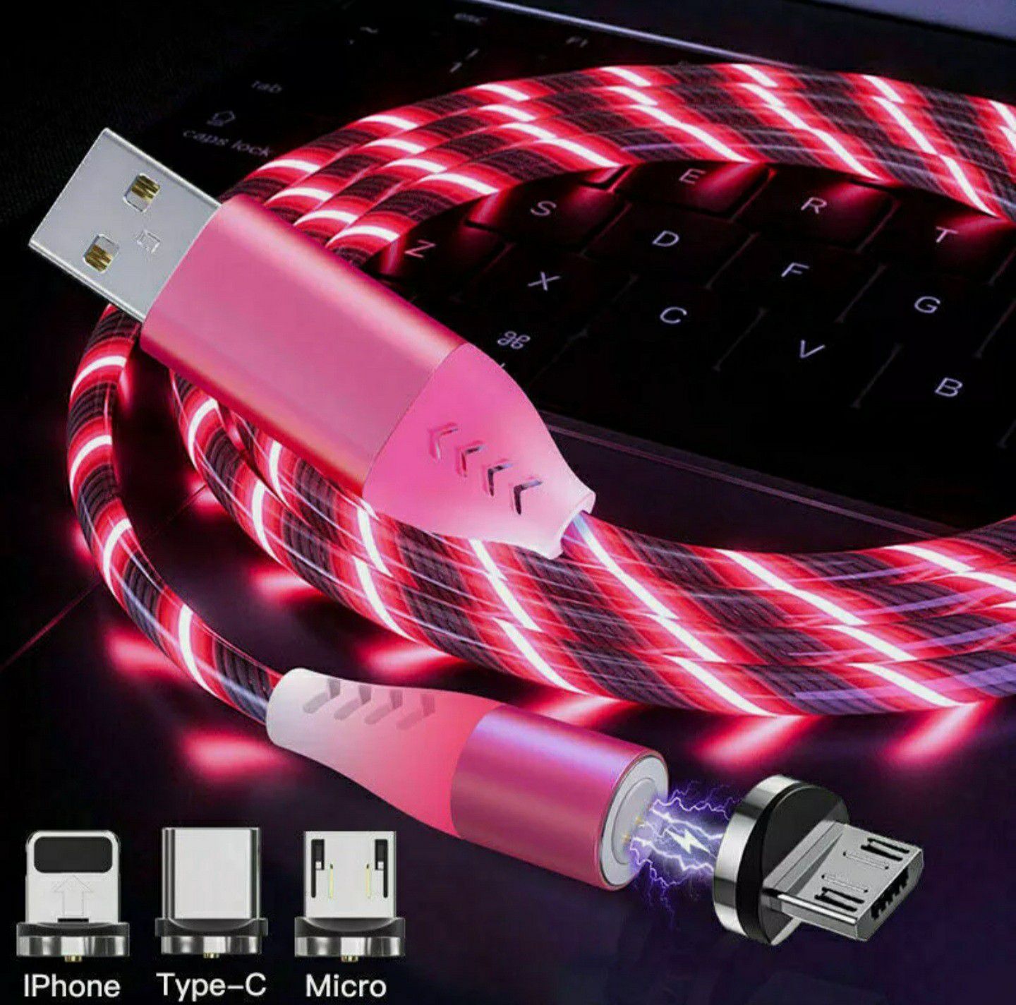 Pink glowing led magnetic 3 in 1 phone cable charger. 3.3ft.