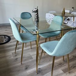 Blue Gold Modern Velvet Glass Dining Set 