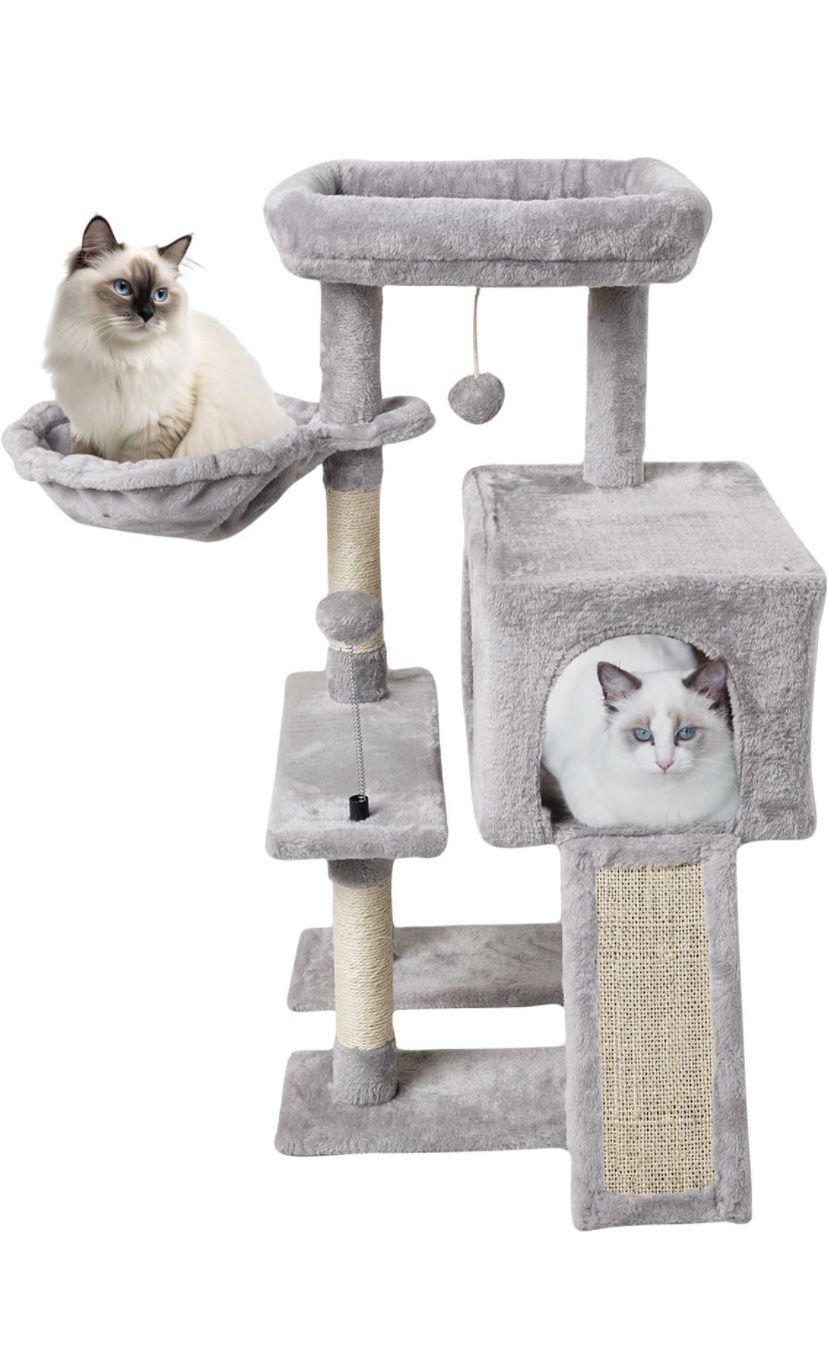 MIAO PAW 10Grey Cute Cat Tree Tower for Indoor Cats - Condo with Sisal Scratching Posts，Jump Platform Cat Furniture Activity Center Play House Bed
