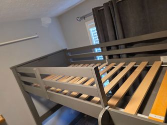 Gray twin xl bunk bed w/desk, dresser and bookshelf