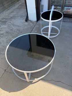 Round Glass Top Tables White Metal Frame Set of 2