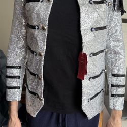Men’s Silver Sequin Military Jacket - Festival/Burning Man