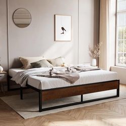 14'' King Size Metal Platform Bed Frame with Rustic Wood & Reverse Holes/Ample Under-Bed Storage Space/Mattress Foundation/No Box Spring Needed/Easy A