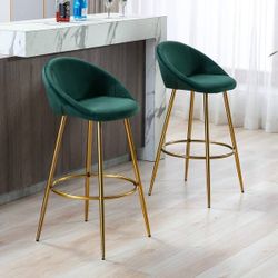 💎 NEW Set of 2 Green Velvet Gold Bar Stools – Modern Luxury Seating! 💎