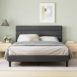Zinus Full Piper Upholstered Platform Bed with Horizontal Paneled Headboard, Wooden Slat Support, No Box Spring Needed, Easy Assembly, Eco Friendly Pa