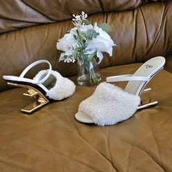Women's Fendi White Leather Faux Fur Gold-plated Design Slide Heels Size 5 US 