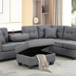 3pcs Sectional Sofa W/STORAGE OTTOMAN & DROPDOWN CUPHOLDER