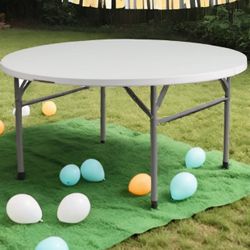 5' Feet Round Plastic Folding Event 5ft Round Table with Carrying Handle, Bi-Fold Portable Banquet Table for Indoor