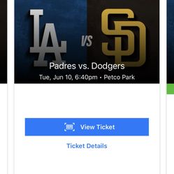 Two Separate Single Tickets To San Diego padres La Los Angeles Dodgers $80 Firm Each June 10 6:40pm Tuesday