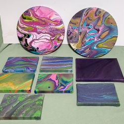 9 Pc Handmade Canvas Painting Set. Round And Rectangle Abstract 